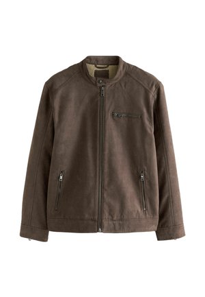 Giacca marrone con zip, realizzata in un tessuto morbido, colletto rialzato e tre tasche con zip sul davanti. Caratterizzata da un design liscio e aerodinamico.
