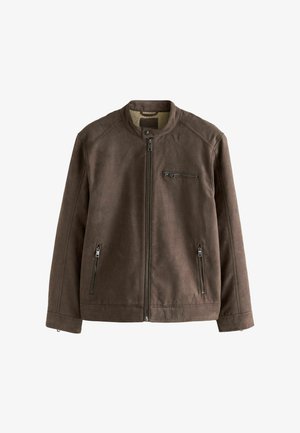 Barna cipzáros dzseki puha textúrával, álló gallérral és három cipzáras zsebbel az elején. Simább, elegáns dizájnnal rendelkezik.