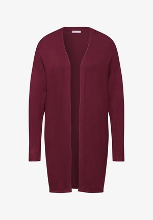 Bordeaux cardigan gemaakt van zacht breimateriaal, met een relaxte open voorkant, lange mouwen en een gladde, lichte structuur.