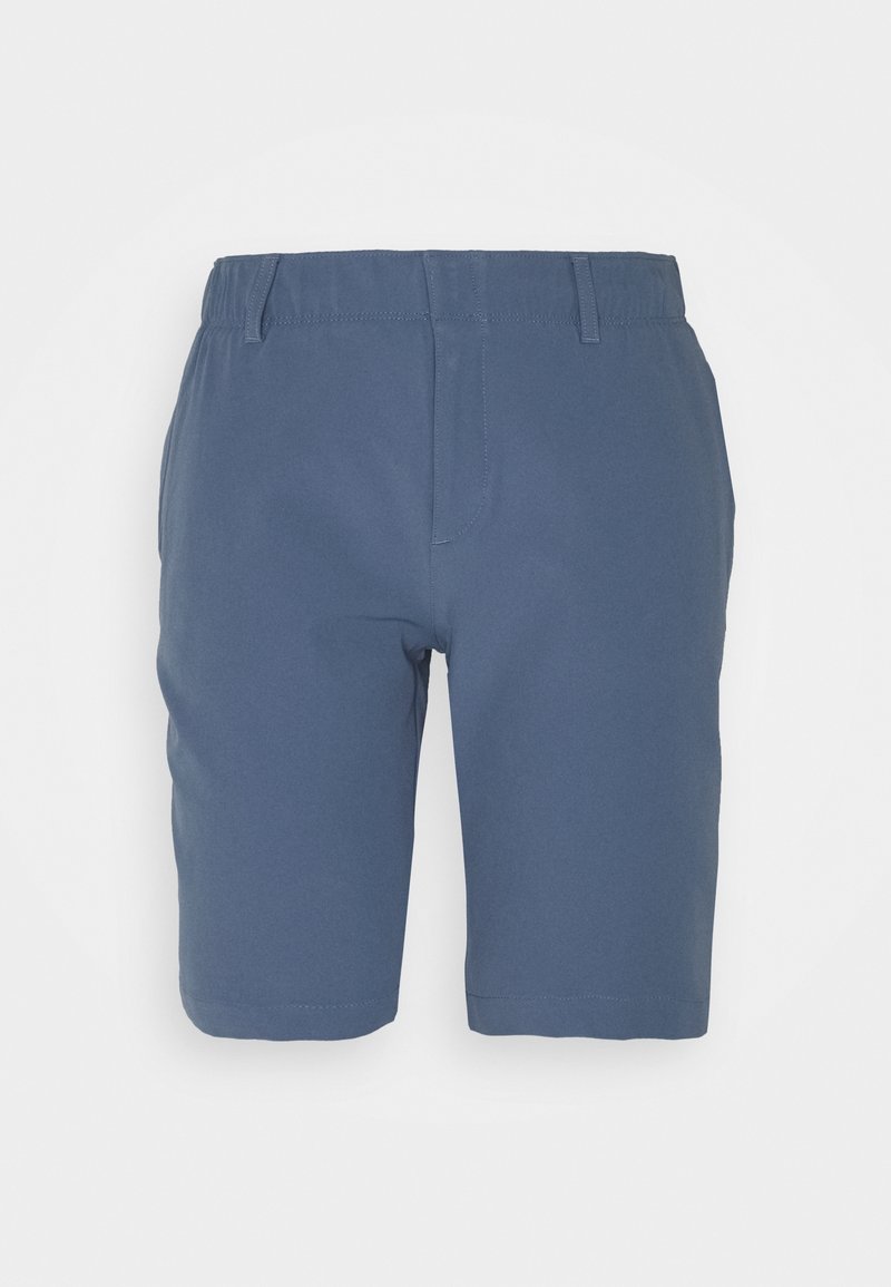 Siniset miesten polvipituudet shortsit, joissa on joustava vyötärönauha ja vyölenkit, etutaskut ja tasainen etumalli.