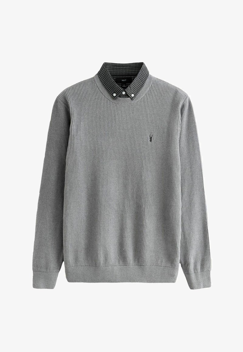 Men's grey ribbed knit sweater layered over black and white checkered button-up shirt collar, long sleeves, small embroidered logo on chest.