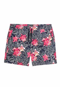 Marinefarbene Badehosen mit pinkem Blumenmuster und weißen Konturen. Elastischer Bund mit Kordelzug zur Anpassung. Leichter Stoff.