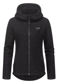 Černá mikina s kapucí na zip s texturovaným fleecovým povrchem, velkou kapucí a nenápadným logem na hrudi. Má přední zip a boční kapsy.