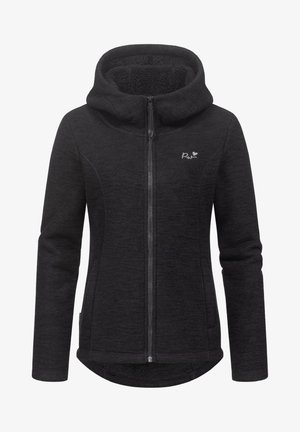 Felpa nera con zip frontale, esterno in pile strutturato, cappuccio ampio e logo discreto sul petto. Dotata di zip frontale e tasche laterali.