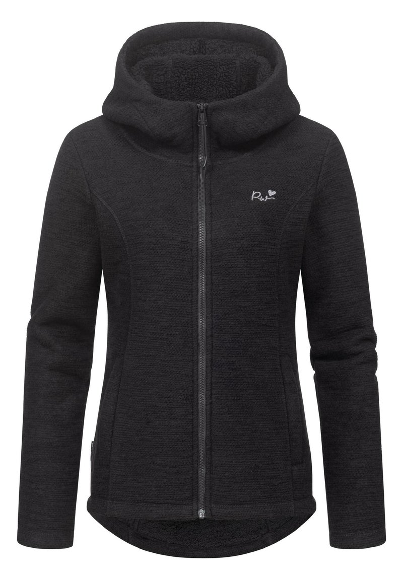 Černá mikina s kapucí na zip s texturovaným fleecovým povrchem, velkou kapucí a nenápadným logem na hrudi. Má přední zip a boční kapsy.