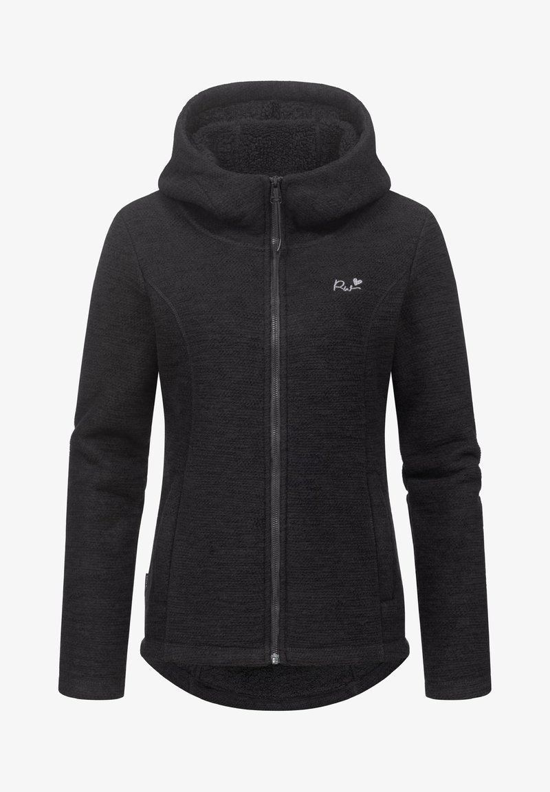 Svart zip-up hoodie med en texturerad fleeceutsida, stor huva och subtil logotyp på bröstet. Har dragkedja framtill och sidofickor.