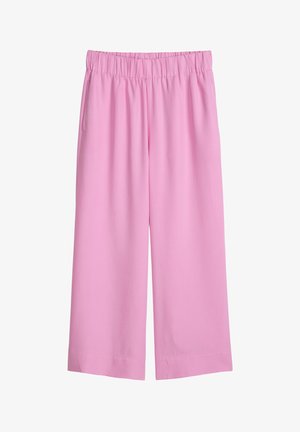 Pantaloni rosa a gamba larga e vestibilità ampia, con elastico in vita e tasche laterali, adatti per un abbigliamento casual o da casa.