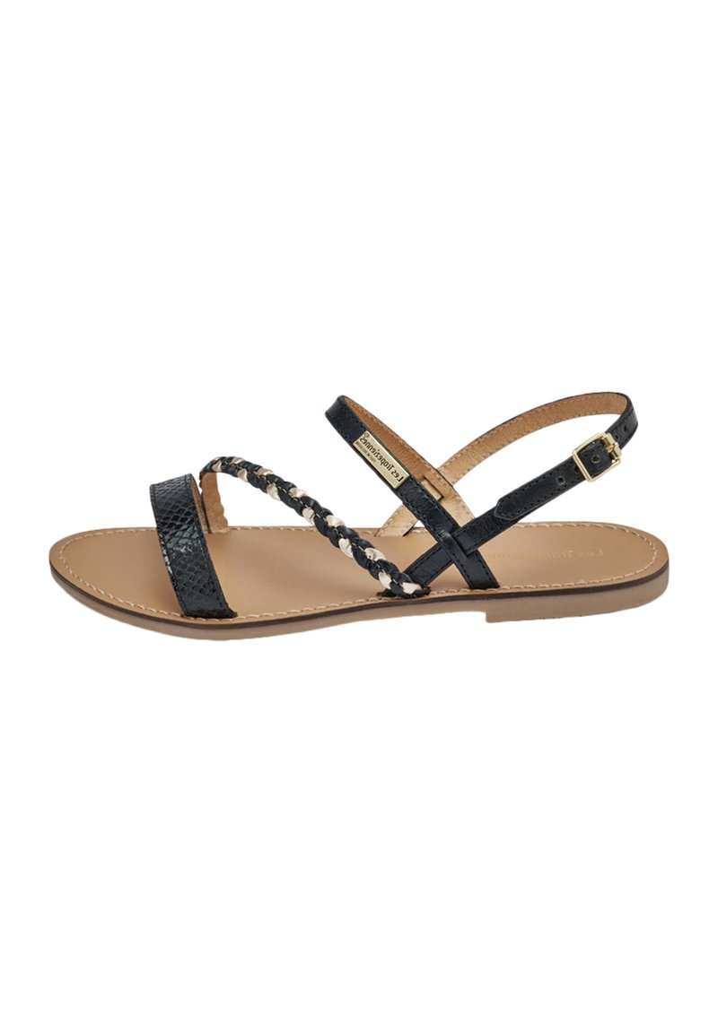 Black leather sandals featuring a braided strap design, flat sole, and adjustable ankle strap with a gold-tone buckle detail.