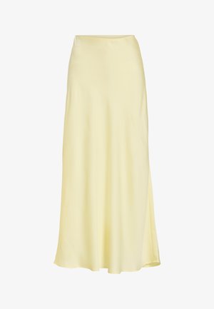 Lang, blekgul satengskjørt med lett utsving og glatt tekstur, vist mot hvit bakgrunn.