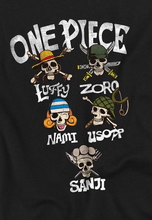 Schädelillustrationen mit einzigartigen Hüten und Accessoires, die die One Piece Charaktere Luffy, Zoro, Nami, Usopp und Sanji darstellen, mit gekreuzten Knochen oder Waffen.