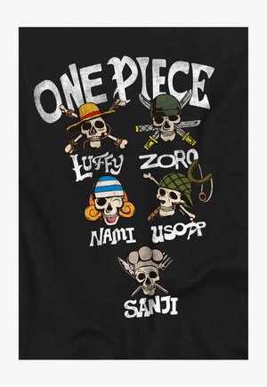 Schädelillustrationen mit einzigartigen Hüten und Accessoires, die die One Piece Charaktere Luffy, Zoro, Nami, Usopp und Sanji darstellen, mit gekreuzten Knochen oder Waffen.