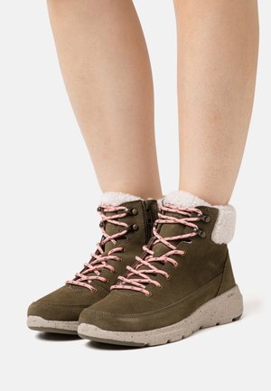 Olive green suede winter boots with pink laces, white fleece cuffs, and speckled beige soles worn on bare legs.