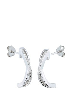 Pair of curved silver stud earrings with a row of small clear stones set along the outer edge, secured with butterfly backs.