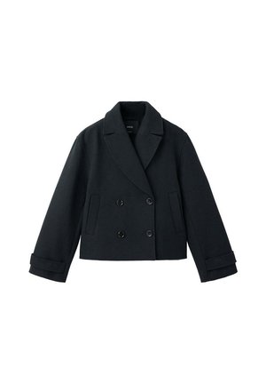 Veste en laine noire à double boutonnage avec larges revers, deux poches avant, détails aux poignets et coupe courte.
