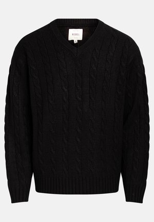 Czarny sweter w sploty z dekoltem w kształcie litery V, z prążkowanymi mankietami i dołem. Wykonany z teksturowanej tkaniny, ma luźny krój i złożone wzory.