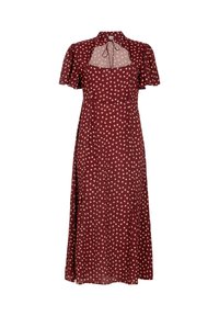 Bordeauxrotes Kleid mit kurzen, flatternden Ärmeln, Sternmuster, Bindebändern am Hals und einem Seitenschlitz, aus leichtem Stoff gefertigt.