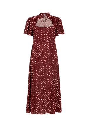 Bordeauxrotes Kleid mit kurzen, flatternden Ärmeln, Sternmuster, Bindebändern am Hals und einem Seitenschlitz, aus leichtem Stoff gefertigt.