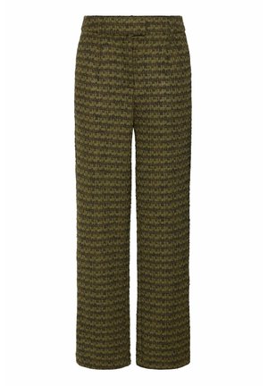 Textured wide-leg pants in olive green with a houndstooth pattern, featuring an elastic waistband and a relaxed fit for comfort.