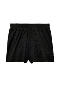 Zwarte shorts van textuurstof met een elastische tailleband. Heeft een losse pasvorm en geen zichtbare patronen of hardware.