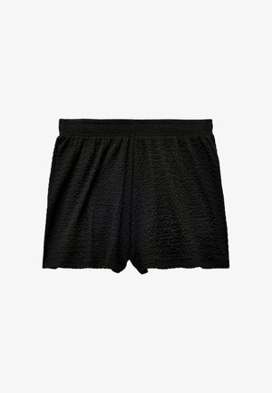 Sorte shorts lavet af tekstureret stof med elastisk talje. Har en løs pasform og ingen synlige mønstre eller hardware.