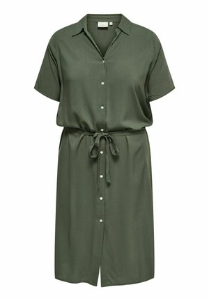 Dark green short-sleeve shirt dress with collar, front buttons, and a waist tie belt, knee-length and loose fit.
