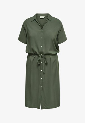 Dark green short-sleeve shirt dress with collar, front buttons, and a waist tie belt, knee-length and loose fit.