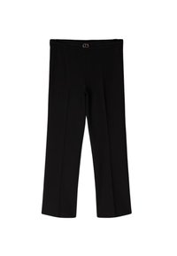 Zwarte broek met een rechte, cropped pasvorm. Kenmerkt zich door een gladde stoftextuur en een eenvoudige tailleband met riemlussen en een subtiele metalen accent.