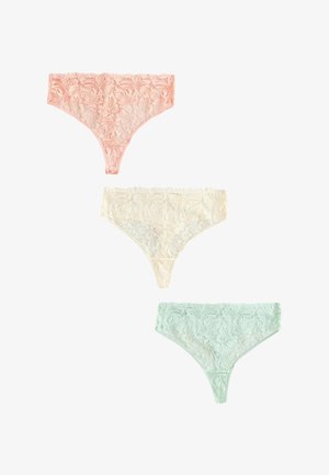 Drei Spitzen-Strings in Pfirsich, Creme und Minzgrün, jeweils mit einem Blumenmuster auf weißem Hintergrund.
