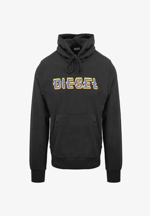 Zwarte hoodie van zachte stof, met een kangoeroezak, een capuchon met trekkoord en een meerkleurig "DIESEL"-logo over de borst.