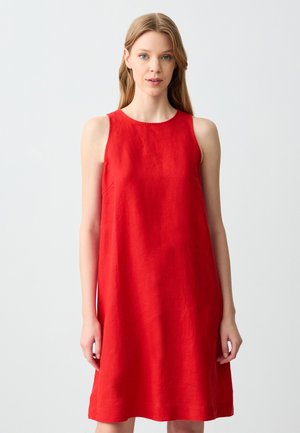 Red, sleeveless linen dress with a round neckline, relaxed fit, and no visible fastenings. Smooth texture and subtle sheen.