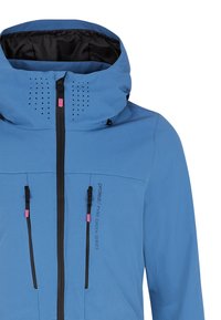 Mėlyna vandeniui atspari striukė su aukštu apykakle, užtrauktukais uždaromomis kišenėmis ir vėdinimo angomis. Yra juodų akcentų ir prekių ženklo logotipo detalių.