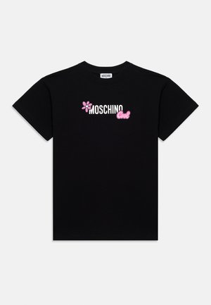 Zwart katoenen T-shirt met geborduurde tekst "Moschino Cool" in wit en roze, met een roze bloemontwerp aan de voorkant.