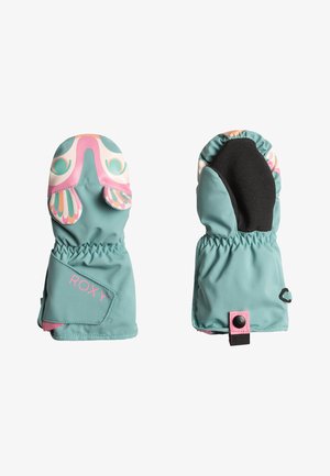 Turkusowe rękawice z kolorowym wzorem ptaka, elastycznymi mankietami i miękkim czarnym wnętrzem. Logo po boku, z różowym akcentem w postaci guzika.