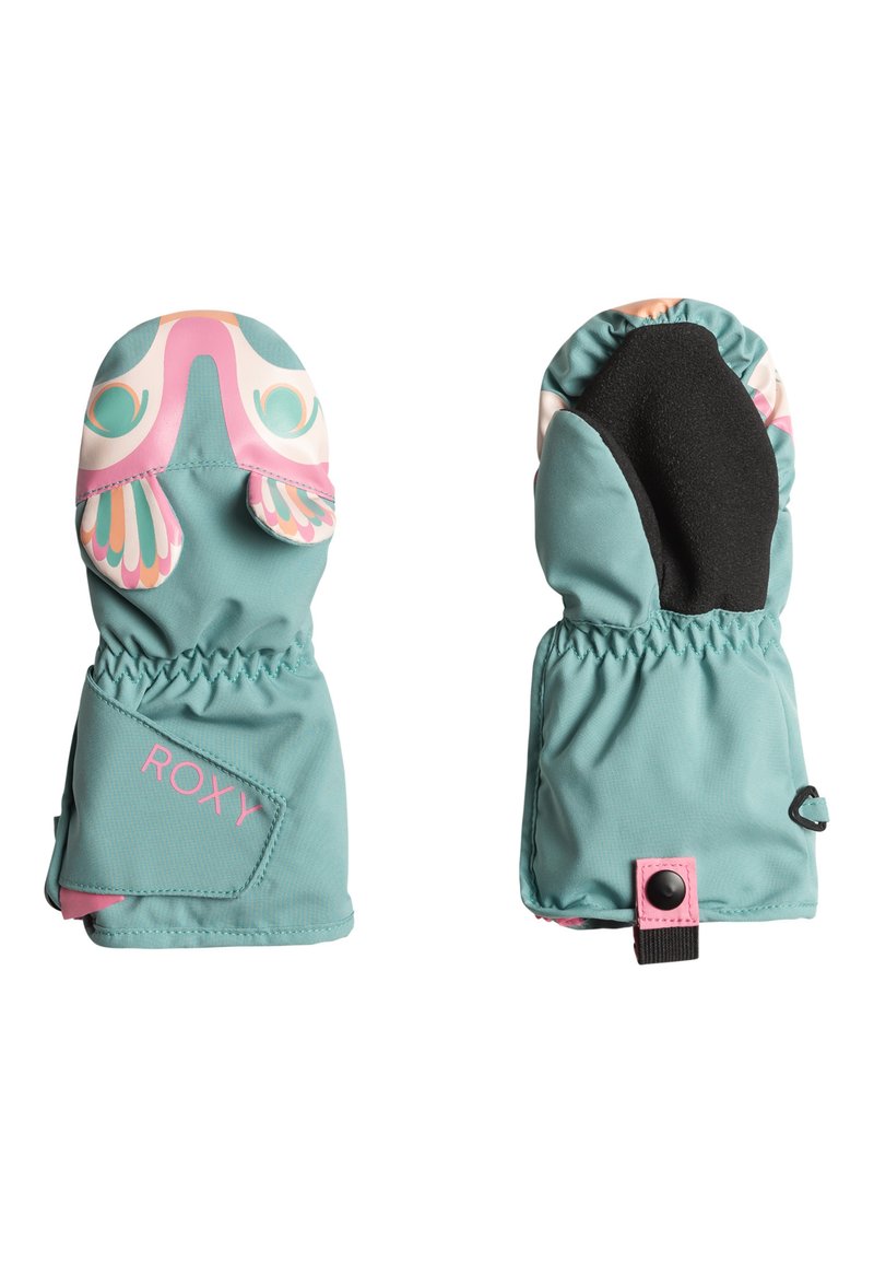 Moufles turquoise avec un design d'oiseau coloré, des poignets élastiques et un intérieur noir doux. Logo sur le côté, avec un bouton accent rose.