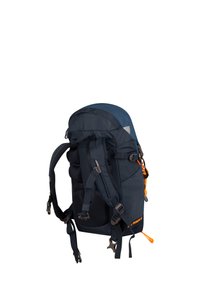 Backpack with a dark blue fabric, adjustable padded shoulder straps, mesh side pockets, and an orange drawstring. Features a contoured shape.
