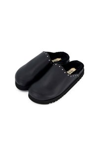 Black clogs with a smooth, matte finish and a soft inner lining. Features small metal studs along the upper edge and a textured outsole.