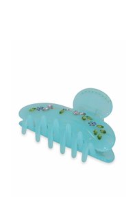 En akvafärgad hårklämma med en slät yta, dekorativa rhinestones i lila och grönt, samt sex greppande taggar för att hålla håret på plats.