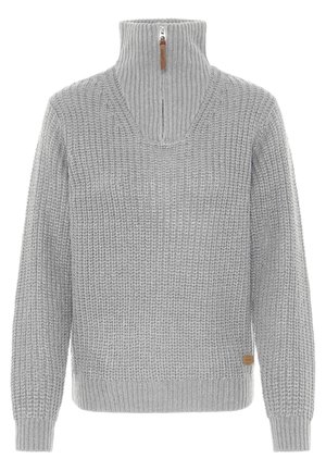 Light gray knitted sweater with a high ribbed collar featuring a front zipper and long sleeves with ribbed cuffs.