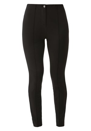 Schwarze, maßgeschneiderte Hosen aus einem glatten, elastischen Stoff. Mit einem vorderen Knopfverschluss und vertikalen Nahtdetails entlang der Beine.