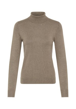 Beige longsleeve coltrui met geribbelde kraag, manchetten en zoom, gemaakt van een zachte, gebreide stof.