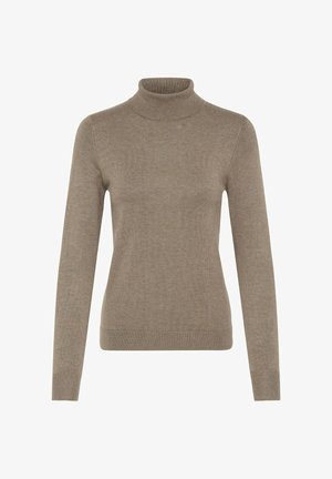 Beige hosszú ujjú garbó pulóver bordás gallérral, mandzsettákkal és aljjal, puha, kötött anyagból készült.