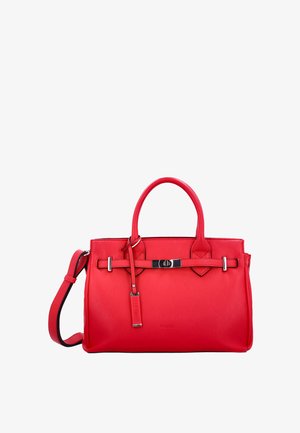 Red leather handbag with two top handles, detachable shoulder strap, and silver hardware accents. Features a smooth texture and structured design.