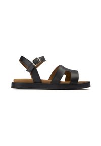 Black leather sandals with an open design, featuring two front straps, a rear ankle strap with a silver buckle, and a tan footbed.