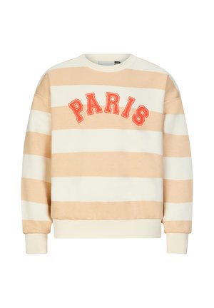 Felpa a righe color crema e beige chiaro, con "PARIGI" in ricamo rosso bold sul petto, con polsini e orlo a coste.