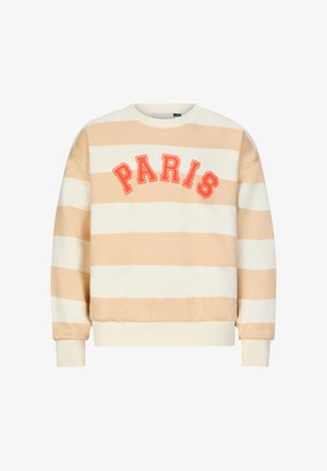 Felpa a righe color crema e beige chiaro, con "PARIGI" in ricamo rosso bold sul petto, con polsini e orlo a coste.