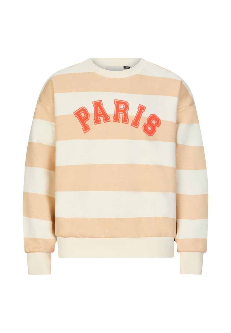 Felpa a righe color crema e beige chiaro, con "PARIGI" in ricamo rosso bold sul petto, con polsini e orlo a coste.