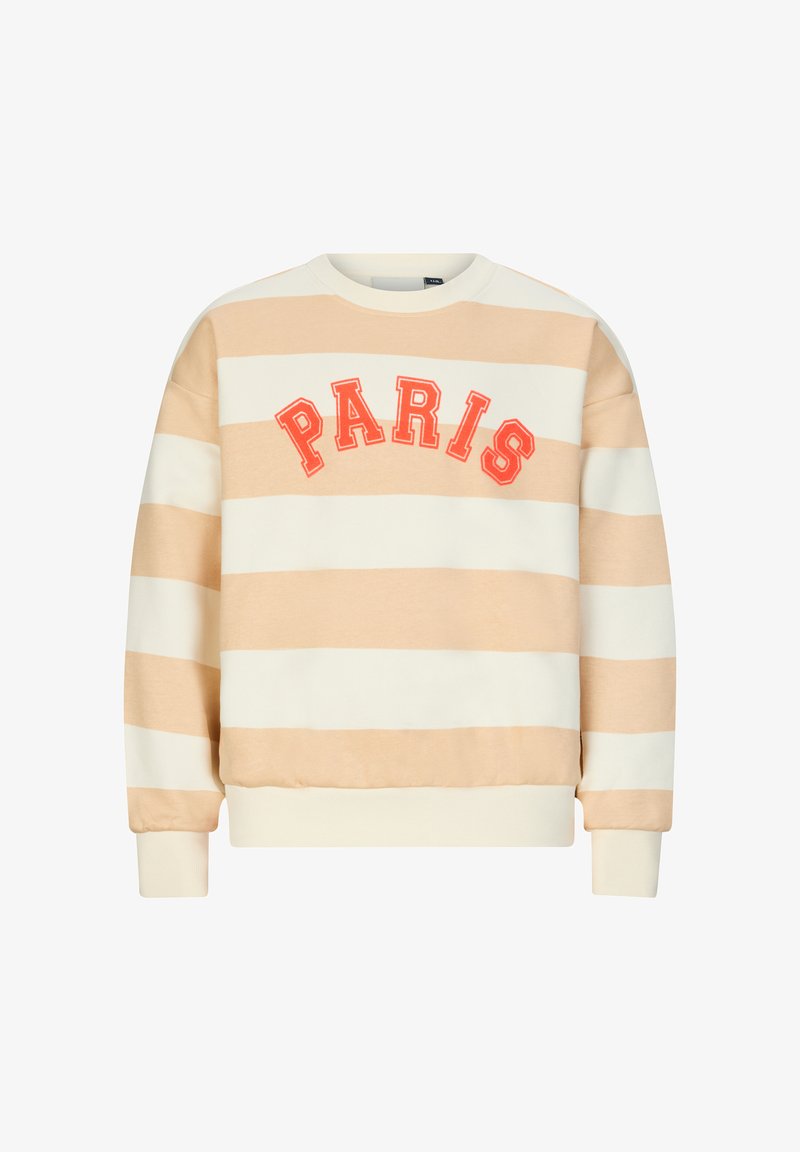 Gestreifter Sweatshirt in Creme und Hellbeige, mit dem Schriftzug "PARIS" in fetter roter Stickerei auf der Brust, sowie mit gerippten Bündchen und Saum.