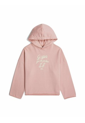Jasnoróżowa bluza z kapturem, długimi rękawami i białym kursywowym napisem z przodu: "G-star just the product S.E Dior."