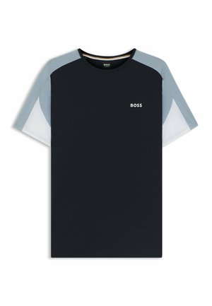 Navy blue T-shirt with short sleeves, featuring light grey accents on the shoulders and a white logo on the chest. Cotton material.