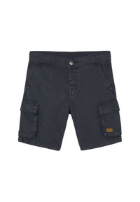 Shorts cargo grigio scuro in cotone, con chiusura a bottone frontale, due tasche laterali e una tasca sulla coscia con etichetta in pelle.